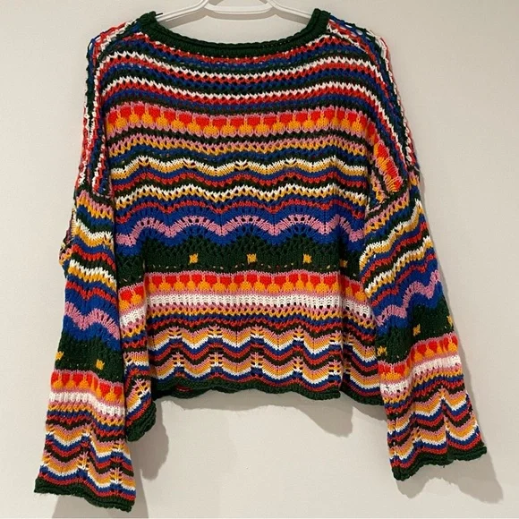 XL Women’s Crochet Sweater Boho Festival Colorful Hand Knit Flare Sleeve - Picture 5 of 5